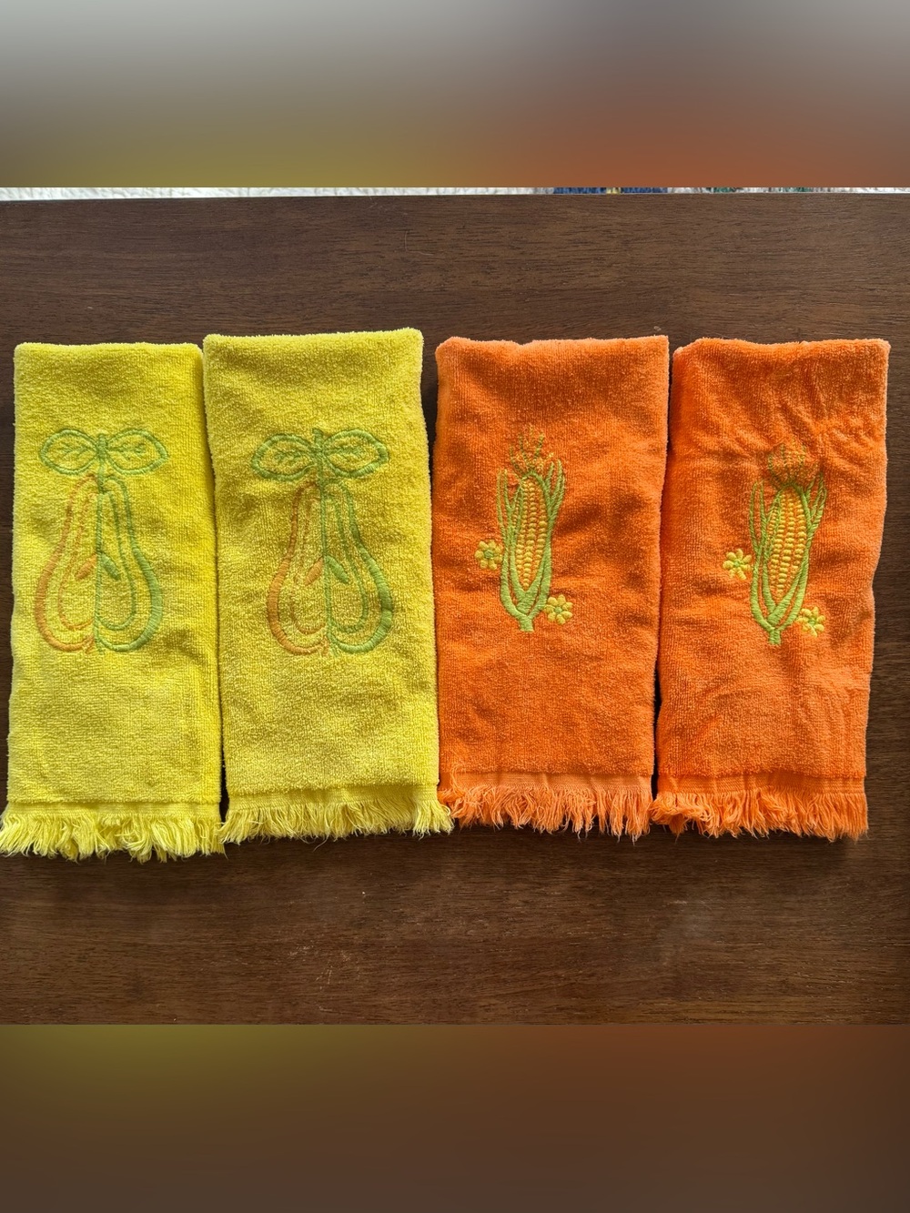 Vintage MCM SAYCO Yellow Pear & Orange Corn hand towels set of 4